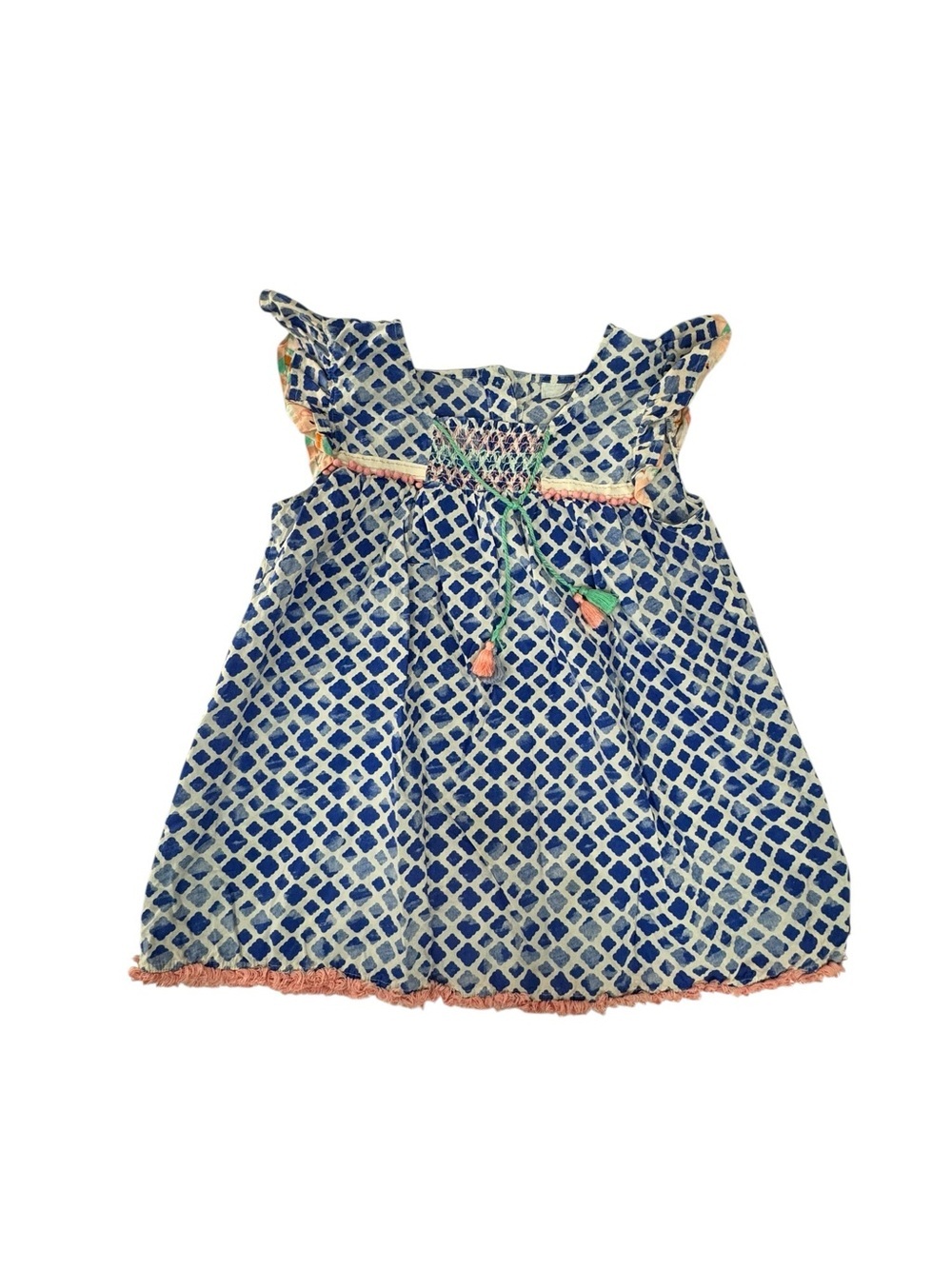 Matilda Jane Blue and Cream Patterned Girls Dress with Coral Trim